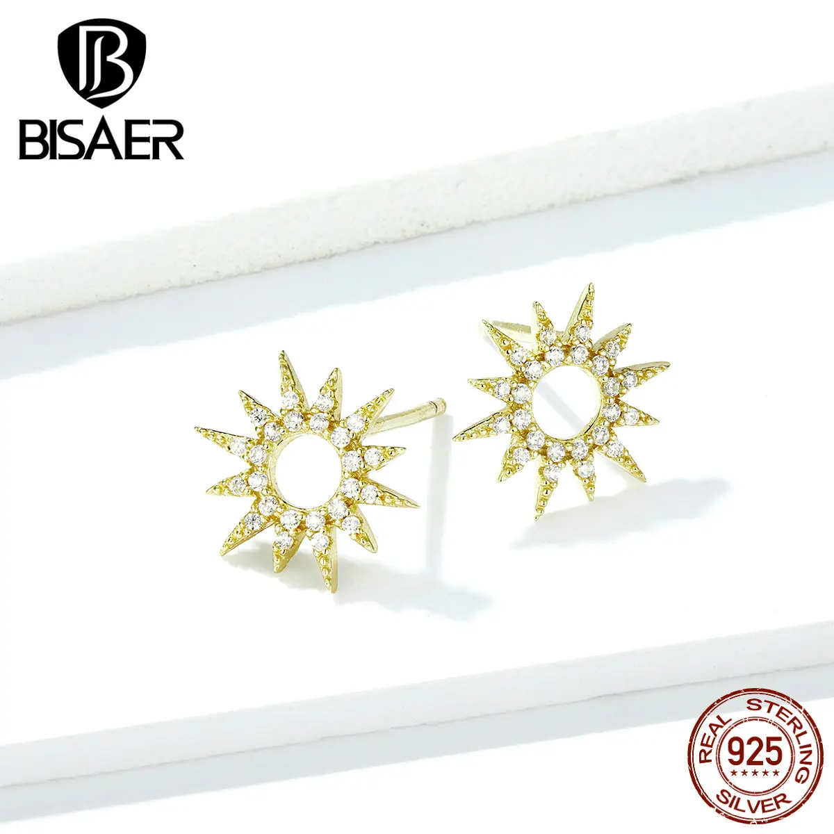 BISAER 925 пробы серебро дизайн прозрачный кубический циркон серьги-гвоздики Подсолнух для женщин свадебный подарок ювелирные изделия GAE256