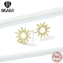BISAER 925 пробы серебро дизайн прозрачный кубический циркон серьги-гвоздики Подсолнух для женщин свадебный подарок ювелирные изделия GAE256