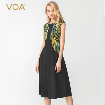 

VOA Black Heavy Silk Impact Material Vertical Stripe Satin Print Dyeing Splicing Wrap Sleeve Micro-Elastic Dress A10656