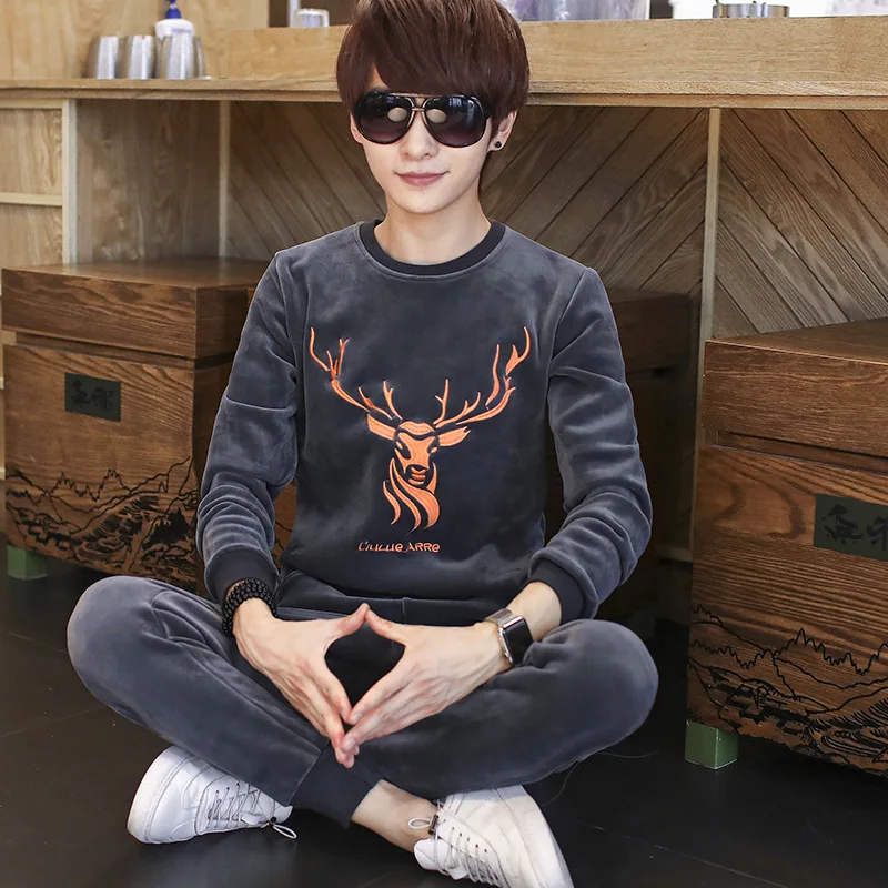 

Winter Gold Velvet Warm Leisure Suit Men's Pullover Hoody Youth Men'S Wear Students Couples Set Sports Set