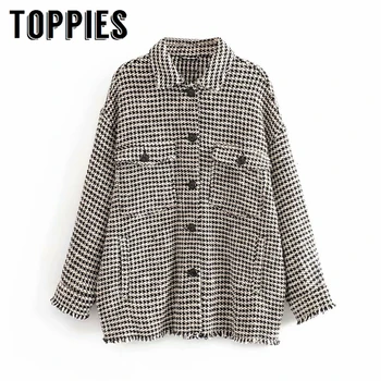 

2019 Twill Tweed Jacket Women Vintage Single Breasted Tassel Coat European Houndstooth Jacket Plus Size Oversize Coat