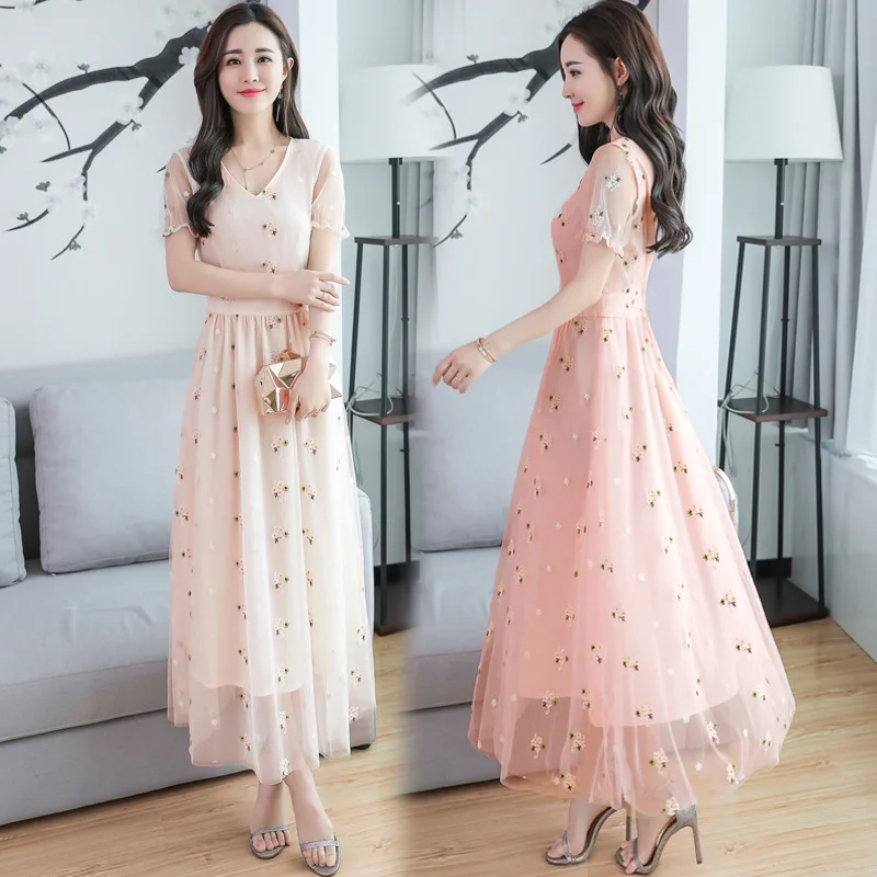 

2018 Summer New Style Korean-style Embroidered Mid-length Short Sleeve A- line Skirt Sub-Mesh Dress Women's Fashion