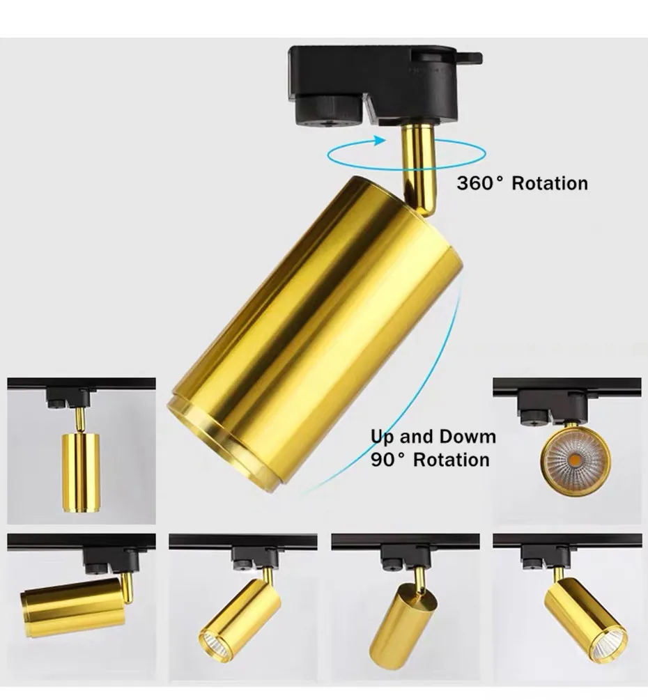 Золотистые трековые огни с регулируемой яркостью COB Чип трековая лампа Алюминиевый Угол регулировки прожекторы 7 Вт 10 Вт 20 Вт гостиная спальня зал железнодорожная лампа