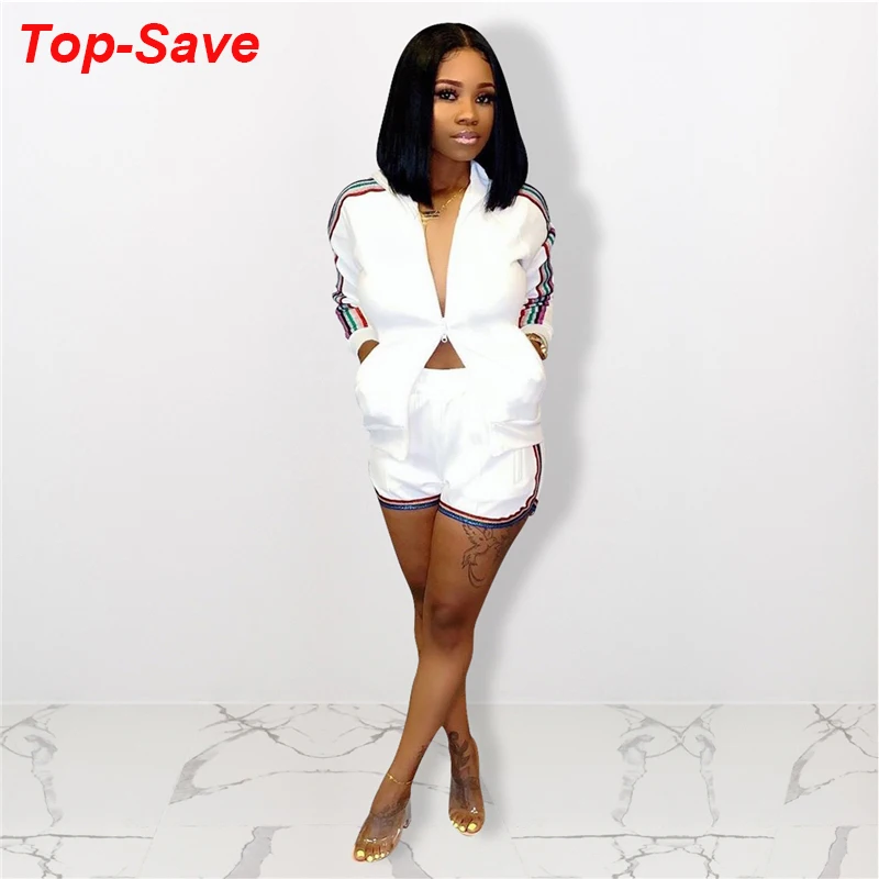 

2019 New Autumn Winter Tight Fitness Woman 2 Pieces Sets Outfits Casual Striped Crop Top And Biker Shorts Sports Suit Female Set