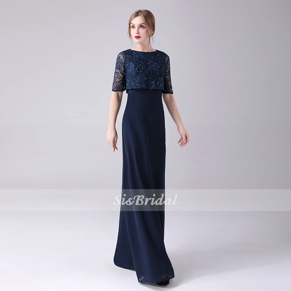 Sheath / Column Bateau Floor-length Chiffon Lace Bridesmaid Dress For Wedding Party