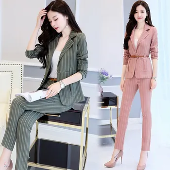 

New Fashion 2 Piece Set Women's OL Business Office Work Wearing Pants Suits Pink Striped Top pants Women's Suits