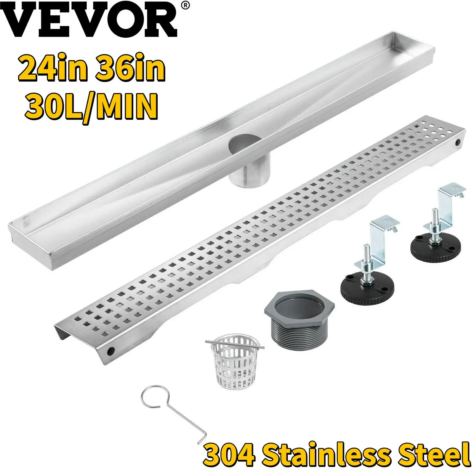 VEVOR 24 in Square Hole Pattern Bathroom Linear Shower Drain 304 Stainless Steel 