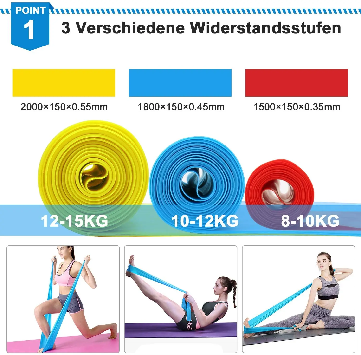 Bandas Elasticas Fitness, 3 Piezas 1.5M/1.8M/2.0M Bandas de Resistencia con  3