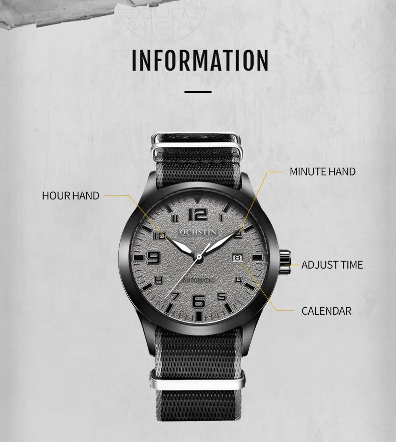 OCHSTIN Automatic Mechanical Wrist Watch for Men Nylon Strap Watch Waterproof Military Outdoor Pilot Watches Mens 2023 Gift