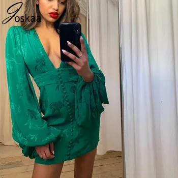 

Joskaa Vintage Lantern Sexy Deep V Neck Mini Dress Stylish Single-breasted Vacation Outfits Club Party Pencil Dresses Vestidos