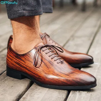 

QYFCIOUFU High Quality Men Genuine Leather Shoes Wood Grain Men's Dress Shoes Business Wedding Oxfords Lace Up Pointed Toe Flats