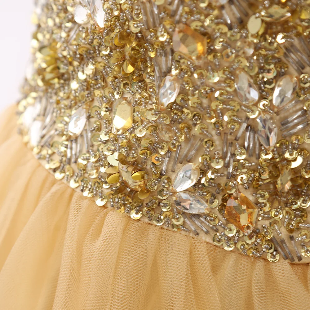 MACloth Золотое короткое платье с v-образным вырезом длиной до колена короткое платье из фатина с кристаллами для выпускного вечера M 267892 распродажа