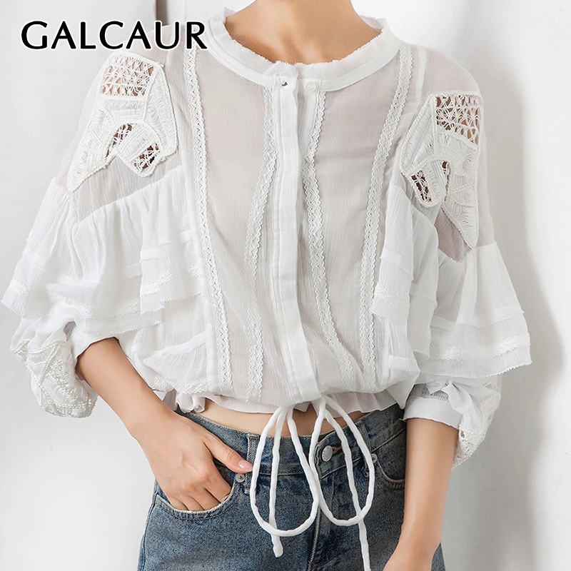 

GALCAUR Patchwork Lace Hollow Out White Women's Shirts O Neck Ruffle Sleeve Drawstring Korean Blouse Female 2019 Fashion New