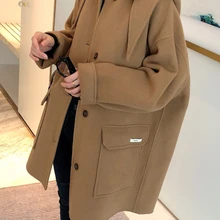 Индивидуальное кашемировое шерстяное пальто с отворотом и капюшоном, женское осенне-зимнее Модное теплое свободное шерстяное пальто