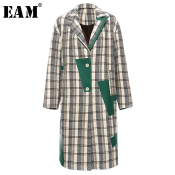 

[EAM] Women Plaid Split Long Big Size Trench New Lapel Long Sleeve Loose Fit Windbreaker Fashion Spring Autumn 2020 19A-a120