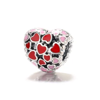 

New S925 Sterling Silver DIY Jewelry Beads Red Pink Enamel Openwork Adorable Heart Charm Fit Original Pandora Bracelet Love Gift