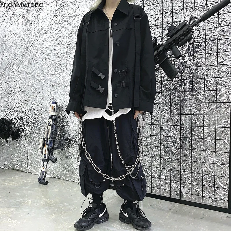 В стиле панк, хип-хоп, Корейская уличная одежда, Harajuku, пряжка, ремень, лента, карман, Свободная блузка для женщин и мужчин, топ, рубашка, длинный рукав, Blusas, футболка с готическим рисунком