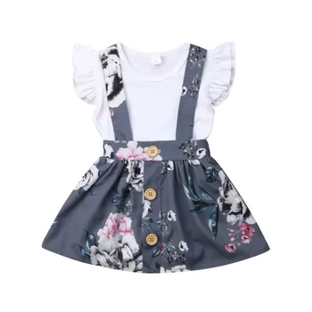 

2PCS Toddler Kids Baby Bibs Children Girls Ruffle Tops Outfits Jumpsuits Bodysuit Short Flowers Grey Overalls Skirt Clothes Set
