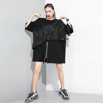 

Darkly Style 2020 Summer Short Sleeve Pullover Splice Sequins Ruffles Black T Shirt Dress Female Street Punk Gothic Mini Dress