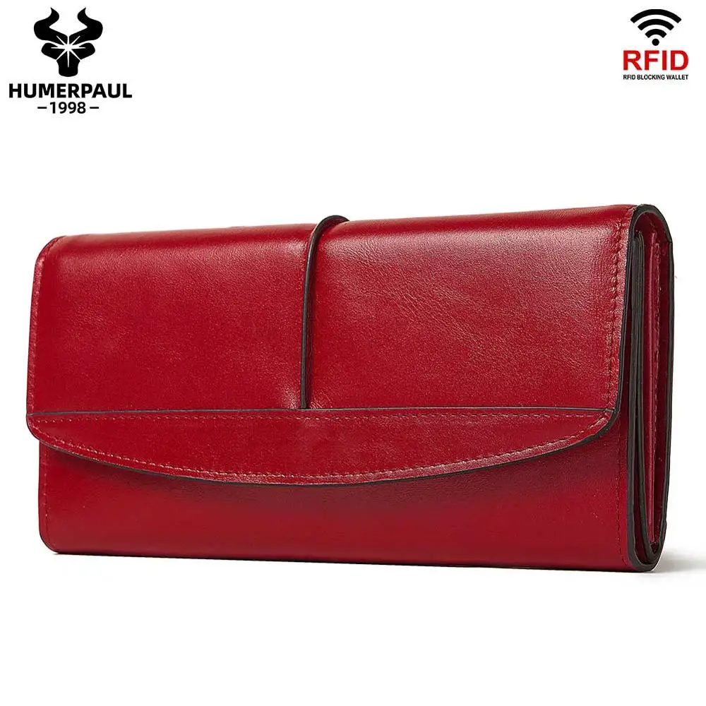 Bolso largo de piel auténtica a la moda para mujer, Cartera de mano con diseño de marca de carteras para teléfono móvil, tarjetero