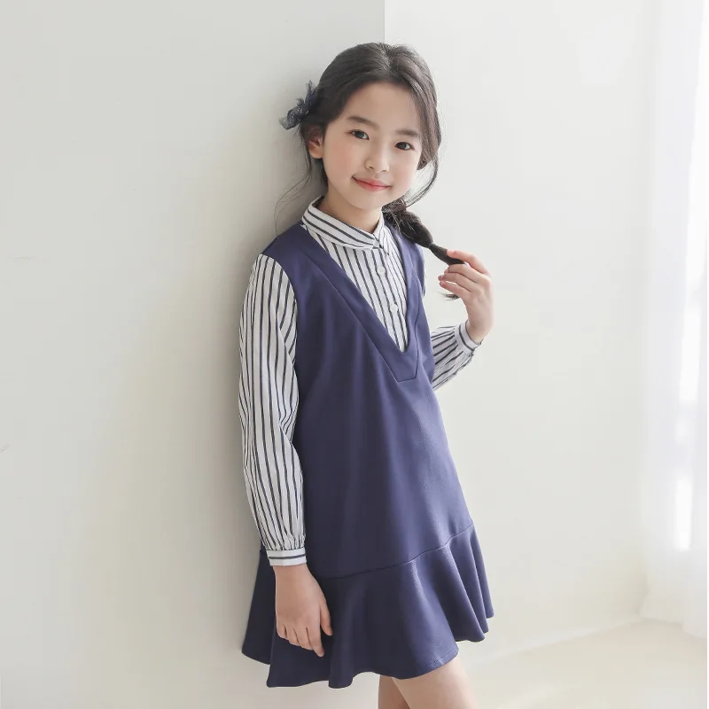 Г. Осеннее платье для девочек, Синий Школьный костюм в полоску платья для студентов консервативная одежда для детей, подростков платье с длинными рукавами возраст от 6 до 14 лет