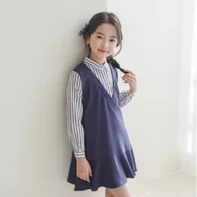 Г. Осеннее платье для девочек, Синий Школьный костюм в полоску платья для студентов консервативная одежда для детей, подростков платье с длинными рукавами возраст от 6 до 14 лет