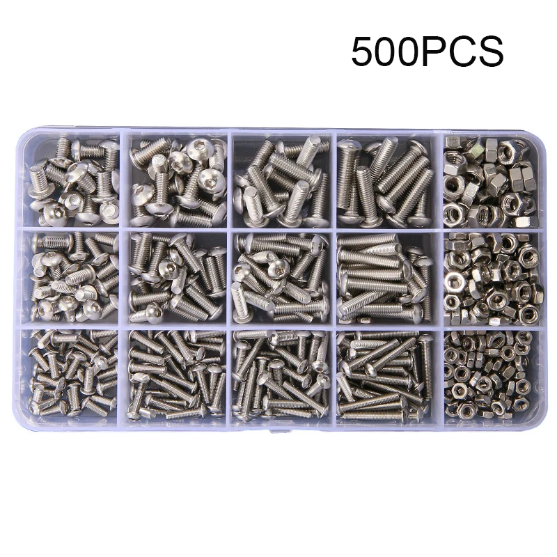 500PCS Button M3 M4 M5 500PCS 304 Stainless Steel Screws and Nuts Hex Button Socket Head Cap Screw Set
