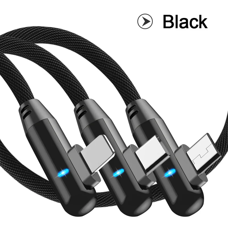 black 1,2 м 90 градусов локоть умный светильник 3 в 1 USB кабель для быстрой зарядки данных для iOS Android type-c Алюминиевый сплав нейлоновая оплетка - Цвет: black