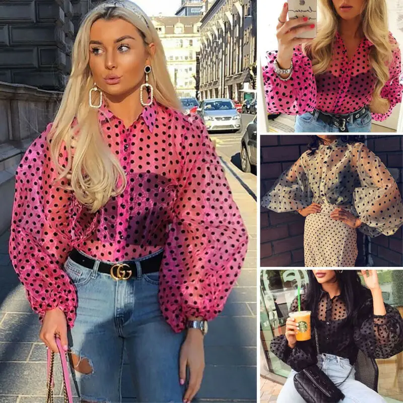 

New Fashion Women Perspective Tunic Blouses Tops Lantern Sleeve Polka Dot Casual Loose See Through Blouse Clubwear Streetwear