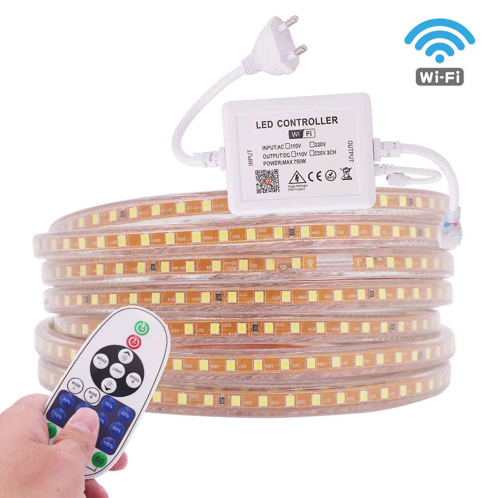 

220V 2835 LED Strip Waterproof IP67 Tuya WIFI Control LED Tape Ribbon 120LEDs/m Flexible Light Adjustable Brightness Rope Lamp