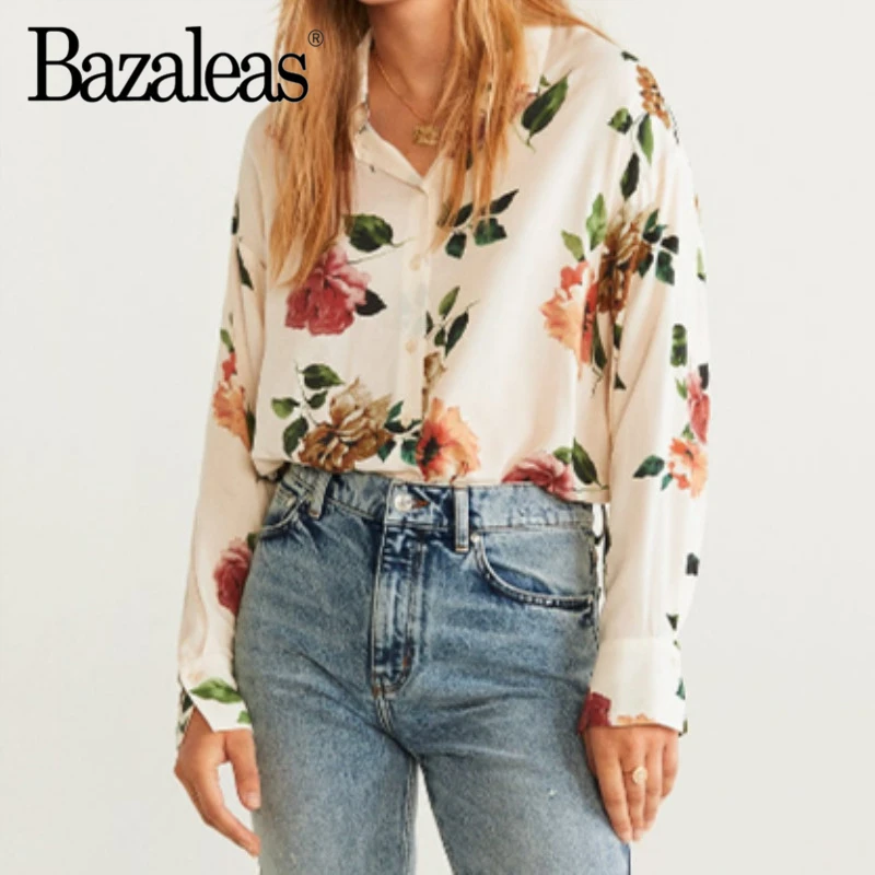 

Bazaleas Chic peony flower Print womens tops and blouses Vintage Long Sleeve blouses Center Buttons blusa feminina