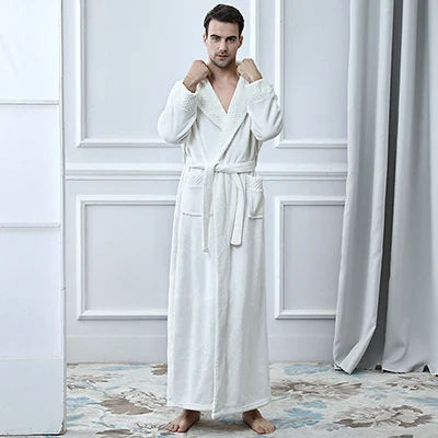 Зимний удлиненный теплый фланелевый банный халат для мужчин и женщин, роскошный термо халат, мужской халат с мягкой сеткой и мехом, мужские халаты - Цвет: Beige Men