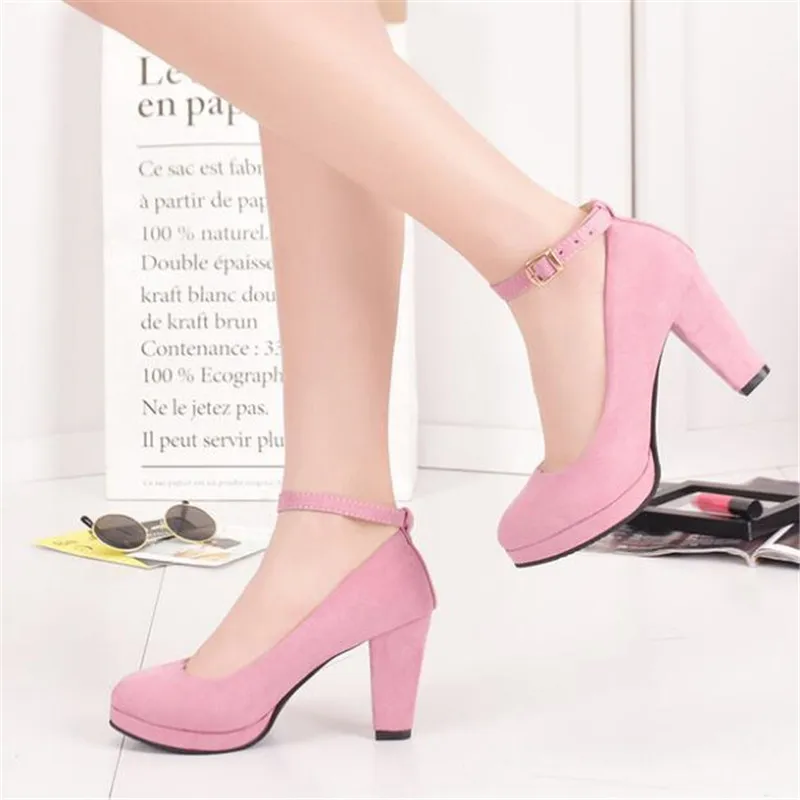 

Spring And Autumn High Heel Platform Thick With Round Head Etiquette High Heel Sweet Suede Single Shoes Word Buckle Shoes