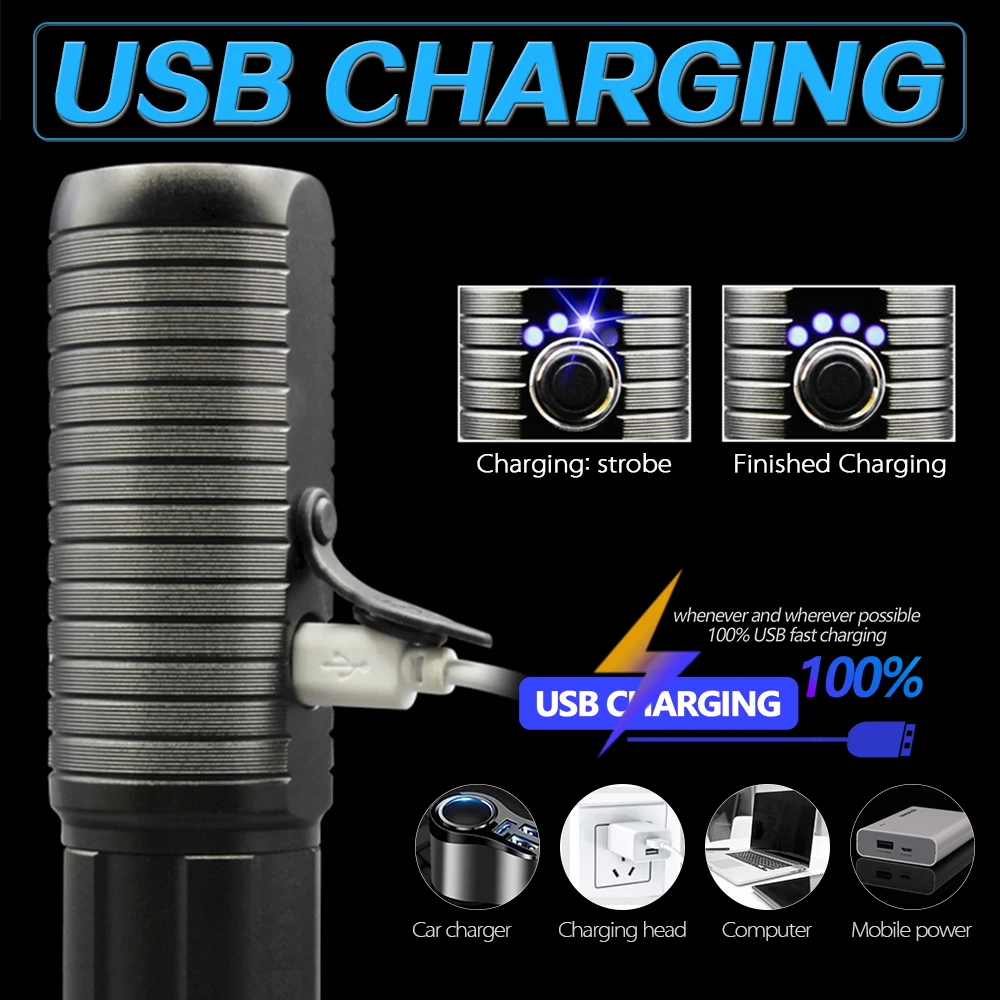 Самый яркий 4 ядерный светодиодный фонарик XHP70 с зарядкой от usb тактические