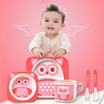 

New 5 pcs/set Lovely Animal Dinnerware Set For Baby 100% Bamboo Fiber Children Tableware Set Plate Bow Cup Forks