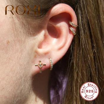 

ROXI 925 Sterling Silver Stud Earrings for Women Cool Moon Star Heart Pin Cross V-shape Cartilage Earring Zircon Brincos Jewelry