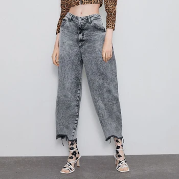 

ZA 2019 Autumn and Winter New Women Irregular Hem Jeans Retro High Waist Jeans Street Clothing Boyfriend Style Casual Loose Pant