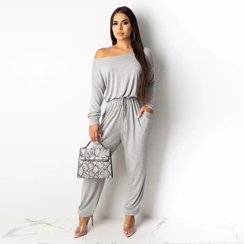 

Autumn Women Slash Neck Long Sleeve Jumpsuit Casual Solid Color Drawstring Romper Office Lady Side Pockets Loose Jumpsuits