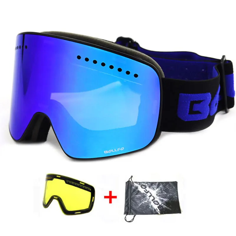 Магнитные двухслойные линзы, лыжные очки, противотуманные, UV400, очки для сноубординга, лыжного спорта, для мужчин и женщин, лыжные очки, очки с украшением - Цвет: Black Blue