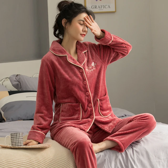 M-3XL Winter Warm Pajama Sets for Women Home Satin Sleepwear Flannel Soft  Nightwear