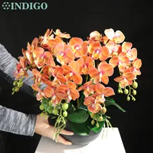Oranje Orchidee (7Pcs Orchidee + 5Pcs Bladeren + Pot + Moss) diy Bloem Arrangement Real Touch Kantoor Decoratie Event Middelpunt Indigo
