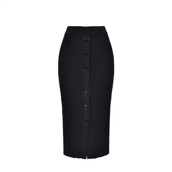 

Women's Knitted Black Knee-length Skirt Split Solid Color Stretch Slim 2020 Spring and Summer New Sexy Skirts with Buttons