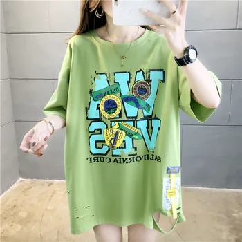 

Summer Ovesize Half Hollow Out Letter Print Plue Size T Shirt Women T-shirt Harajuku Cotton 4 Color Korea Bts Kpop Free Shipping