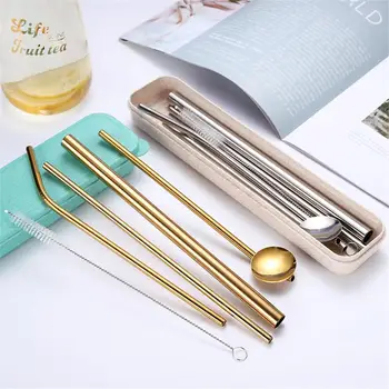 

5 Colors Metal Straw Stainless Steel Reusable Straight Tube Beverage Cleaning Brush Box Color Set
