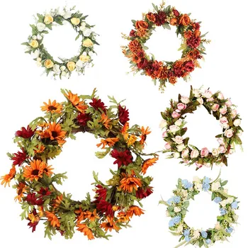 

Artificial Wreath Autumn Pumpkin Sunflower Maple Leaves Wreath Party Hanging Pendants for Halloween Thanksgiving Days Christmas