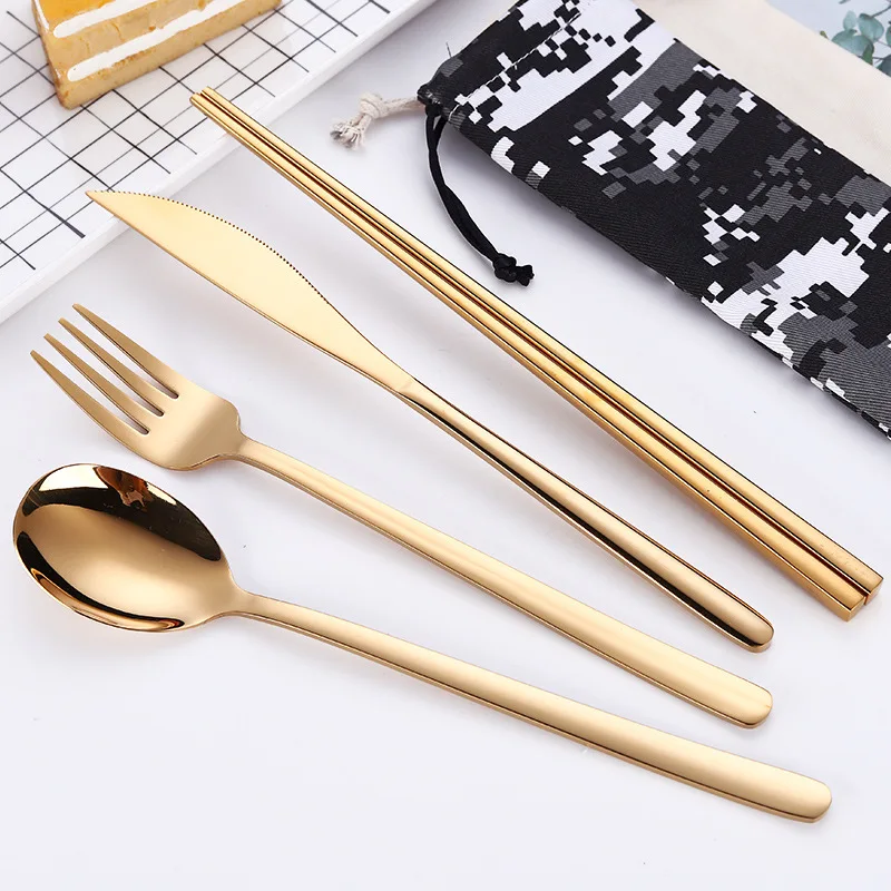 

24pcs Portable Travel Cutlery Set 304 Stainless Steel Korean Food Gold Dinner Set with Gift Bag Rainbow Travel Tableware Sets