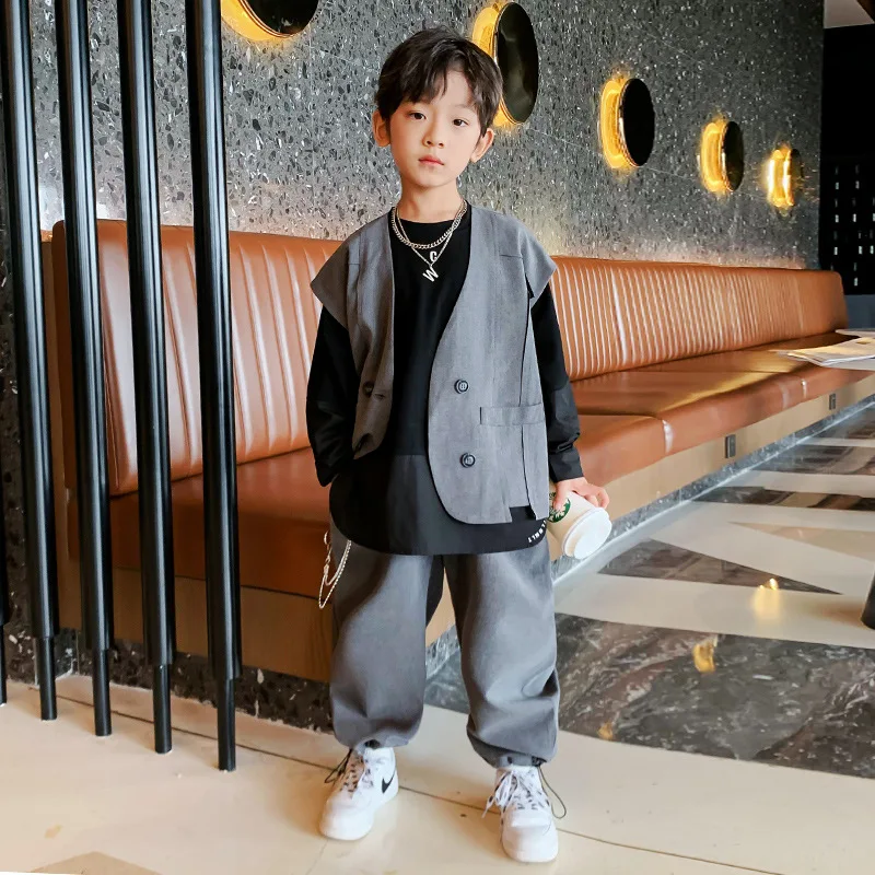 

Children Spring Aummer Set Boy Trend Formal Teen Kids Black Pullover Long Sleeve T-shirt+ Sleeveless Blazers+ Casual Suit Pants