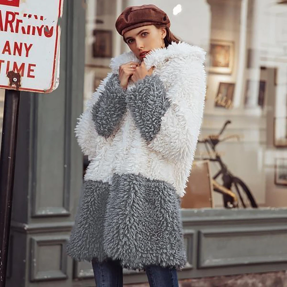 Кардиган в стиле пэчворк, плюшевое пальто, Женское зимнее элегантное пальто с длинным рукавом из искусственного меха, теплая пушистая куртка, пальто, модная уличная одежда