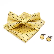 Классические Золотые галстуки-бабочки для мужчин, шелковые бабочки в горошек, предварительно завязанные галстуки-бабочки, карманные Квадратные запонки, набор для свадебной вечеринки, желтый галстук-бабочка