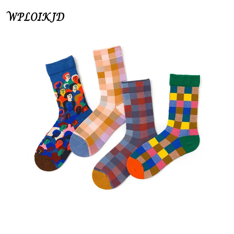 [WPLOIKJD] осенне-зимние стильные женские хлопковые носки в цветную сетку, с геометрическим рисунком, жаккардовые, креативная новинка, Sokken Skarpetki